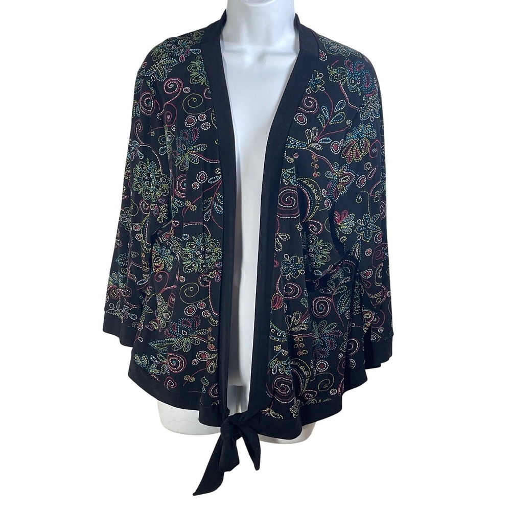 Choices Black Embroidered Tie Front  Cardigan XL vintage whimsical romantic